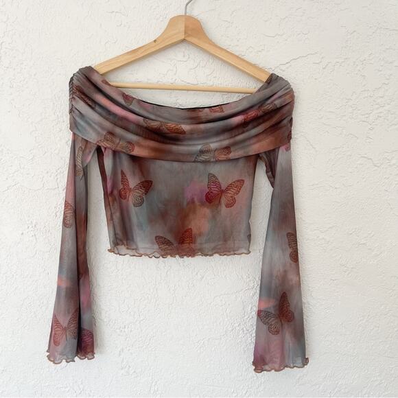 Y2K Mesh Butterfly Lettuce Edge Boho Gypsy Top - Picture 2 of 6